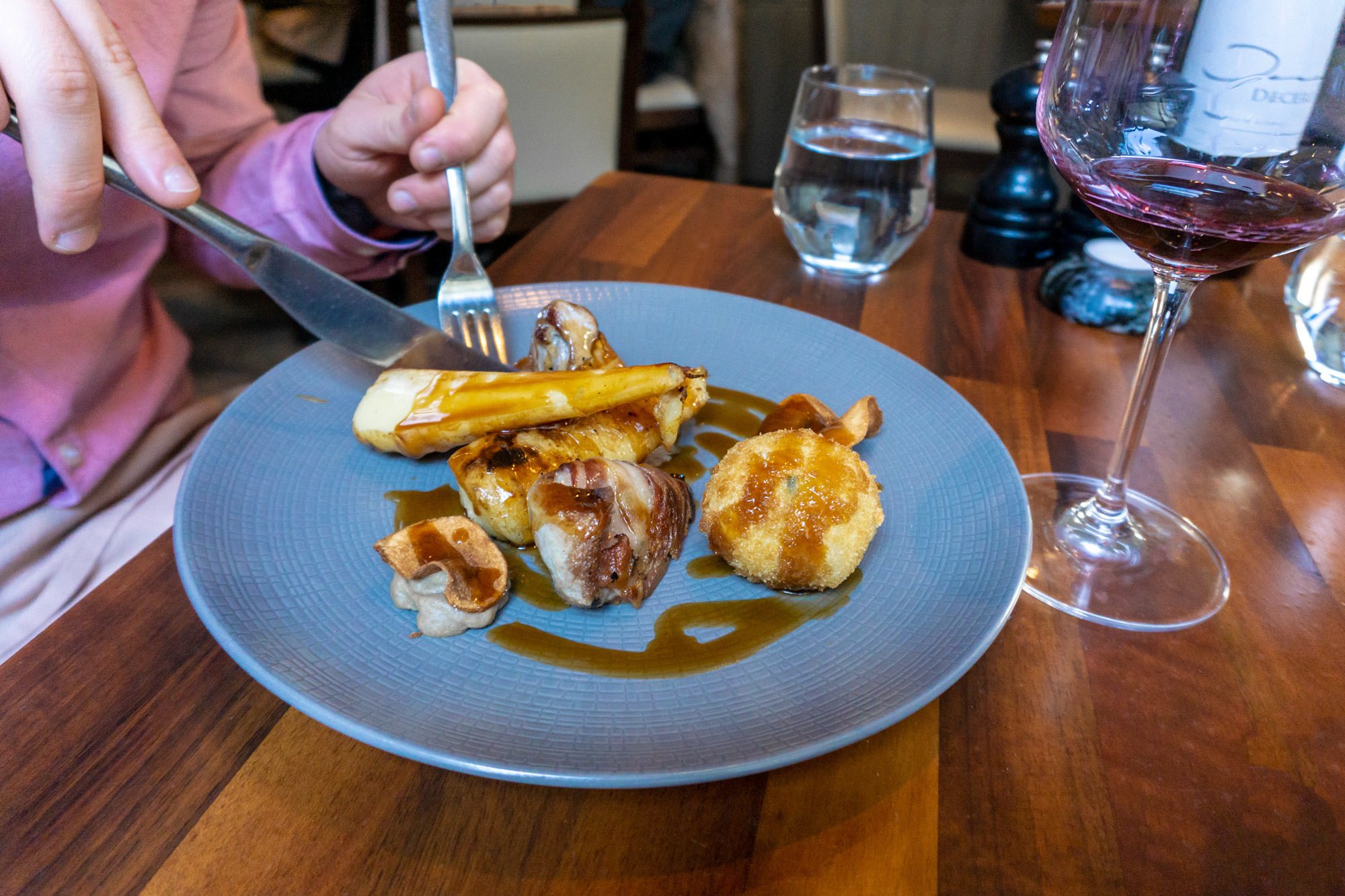 Pheasant and pancetta, with truffle croquettes, parsnips and shiitake puree