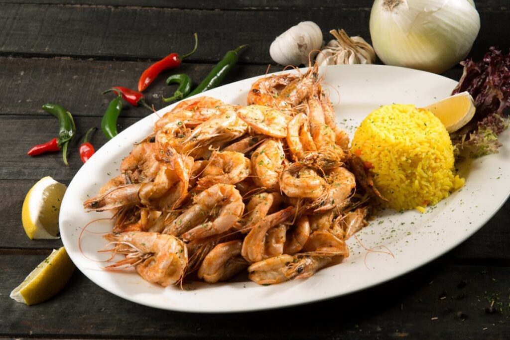 Prawn platter with yellow rice